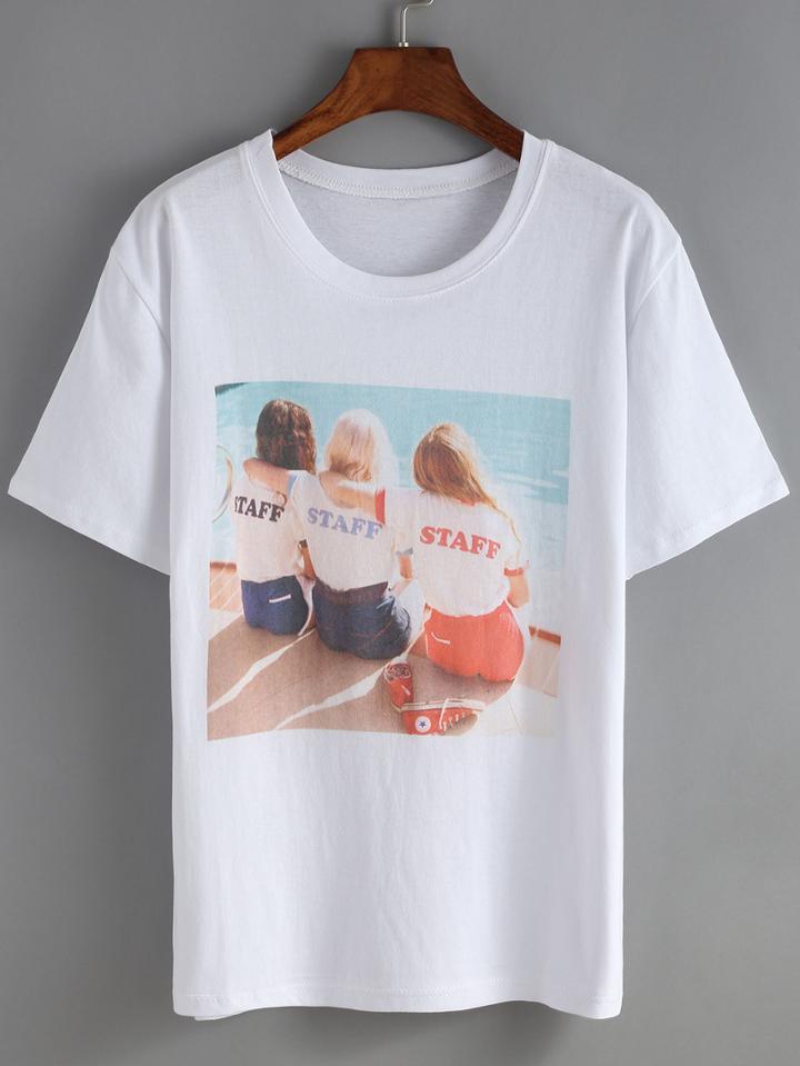 Shein White Crew Neck Women Print T-shirt