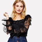 Shein Layered Flounce Sleeve Sheer Lace Shirt Without Cami