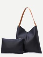 Shein Black Pebbled Faux Leather Tote Bag With Clutch