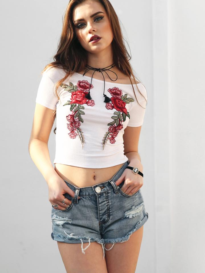 Shein Boat Neckline Embroidered Appliques Crop Ribbed Tee