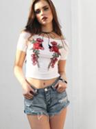 Shein Boat Neckline Embroidered Appliques Crop Ribbed Tee