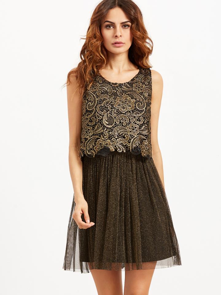 Shein Black Embroidered Lace Top Combo Sparkle Dress