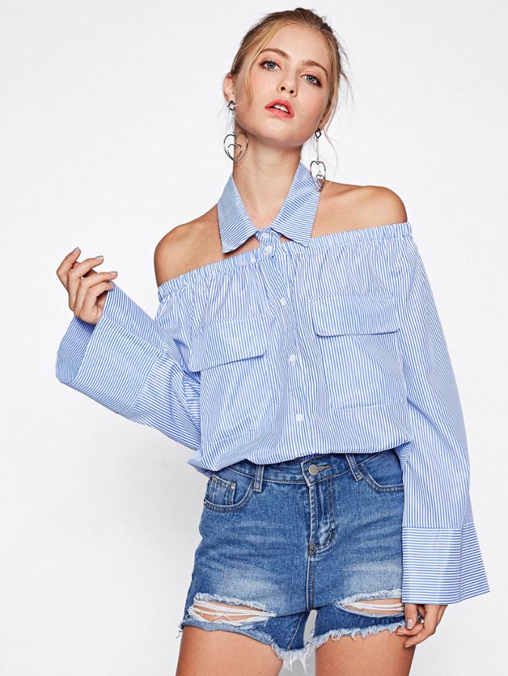 Shein Collared Halter Kimono Sleeve Pinstripe Blouse