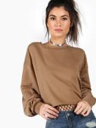 Shein Khaki Drop Shoulder Puff Sleeve Crop Sweatshirt