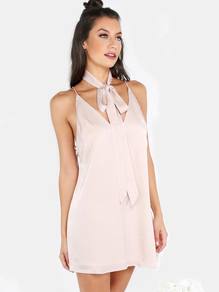 Shein Cami Satin Neck Tie Slip Dress Blush