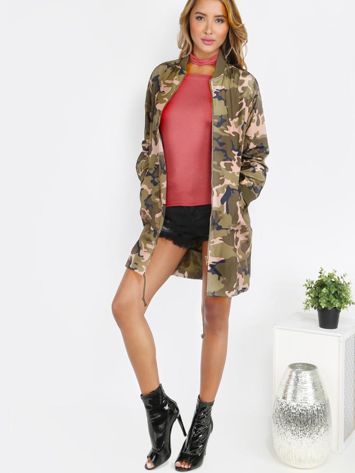 Shein Longline Camouflage Bomber Jacket Olive