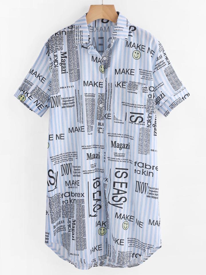 Shein Contrast Striped Slogan Print Curved Hem Shirt Dress