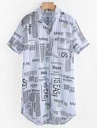 Shein Contrast Striped Slogan Print Curved Hem Shirt Dress