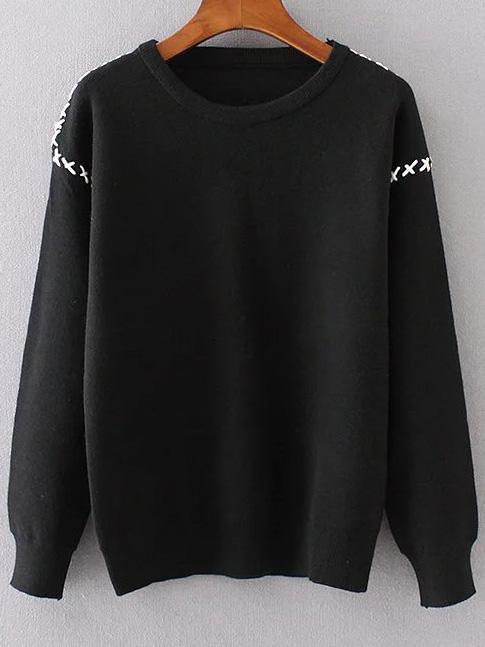 Shein Black Lace Up Detail Round Neck Sweater
