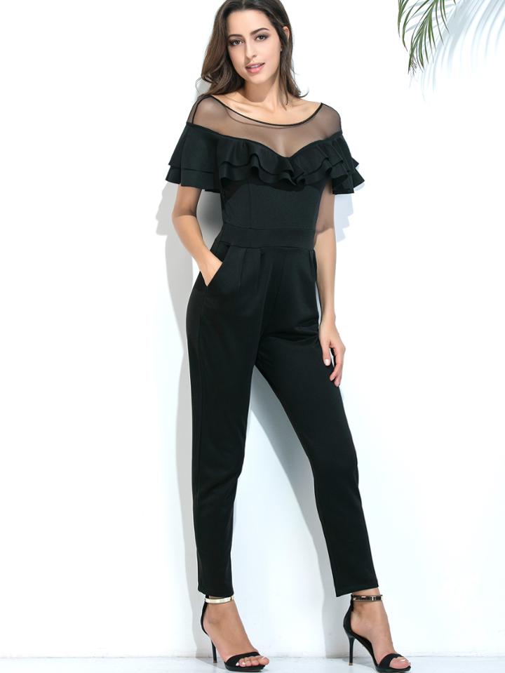 Shein Black Contrast Sheer Mesh Ruffle Trim Jumpsuit