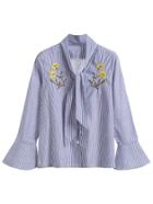 Shein Blue Striped Tie Neck Bell Cuff Embroidered Blouse
