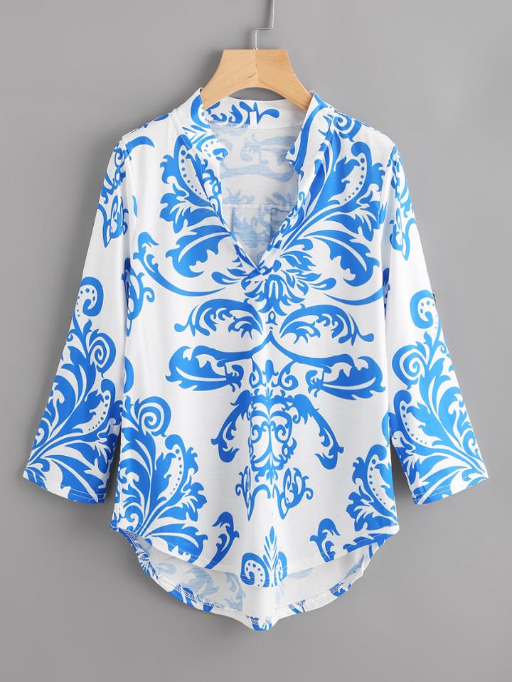 Shein Damask Print High Low Curved Hem Tee