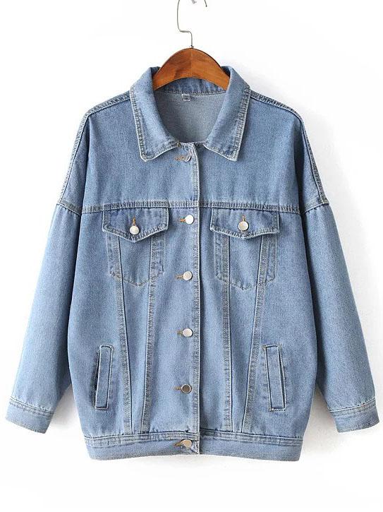 Shein Blue Drop Shoulder Boyfrind Pockets Denim Jacket