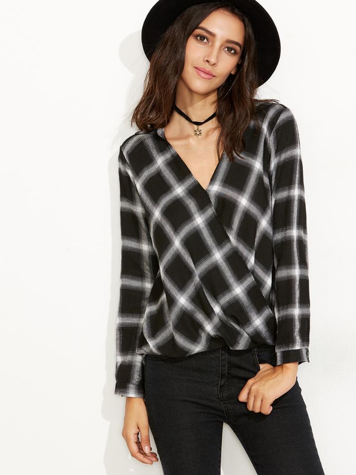 Shein Black Plaid V Neck Wrap Blouse