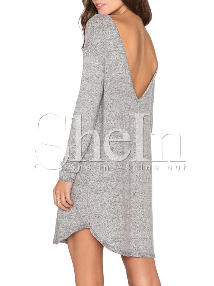 Shein Grey Long Sleeve V Back Dress