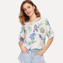 Shein Flower & Bird Print Tunic Top