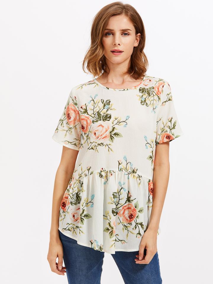 Shein Tied Keyhole Back Flower Print Smock Blouse