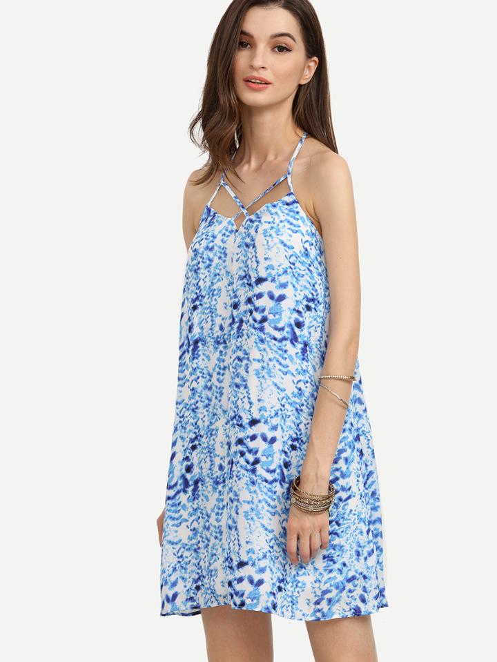 Shein Blue Tie Dye Print Lattice Neck Racerback Dress