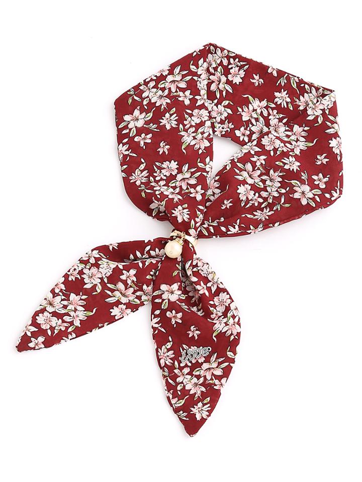 Shein Calico Print Twilly Scarf With Faux Pearl Tie