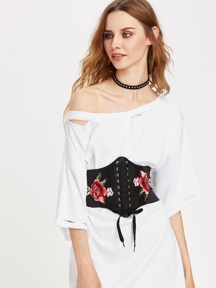Shein Rose Applique Lace Up Corset Belt