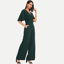 Shein Surplice Neck Ruched Detail Solid Jumpsuit