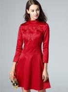 Shein Red Stand Collar Length Sleeve Embroidered Dress