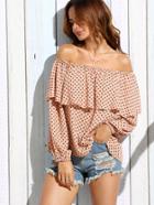 Shein Pink Polka Dot Ruffle Off The Shoulder Blouse