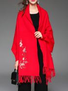 Shein Red Flowers Embroidered Tassel Shawl Coat