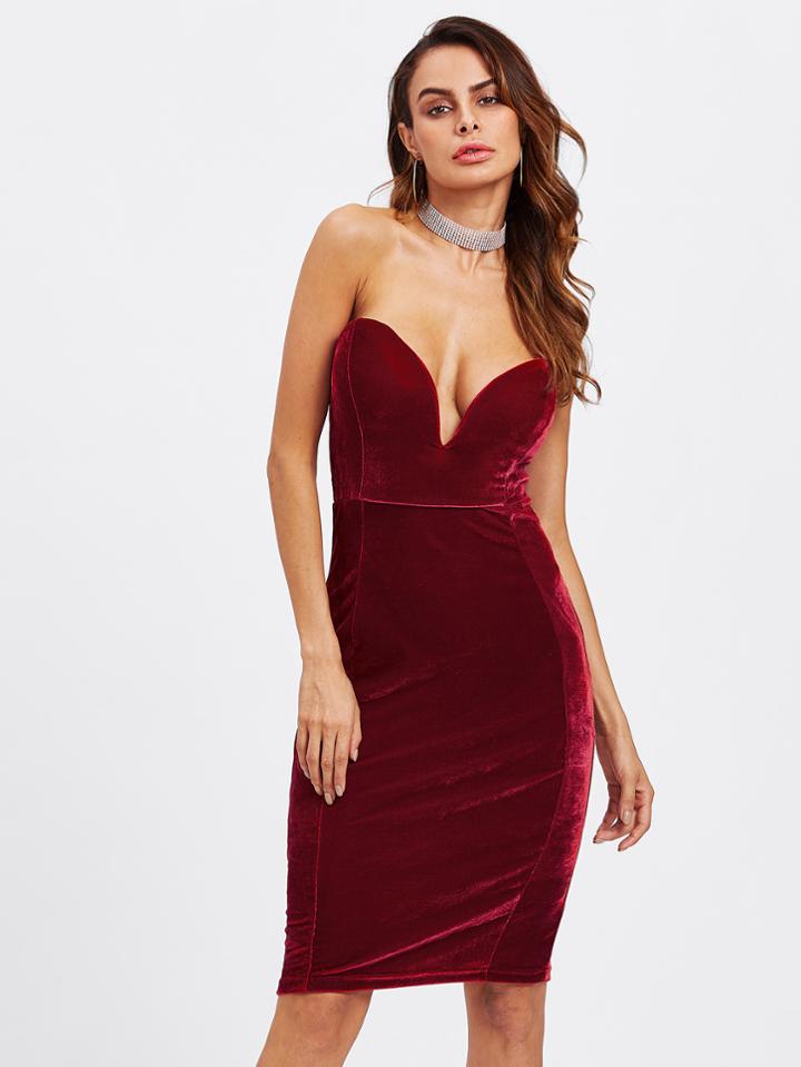 Shein Plunging V-neckline Strapless Velvet Dress