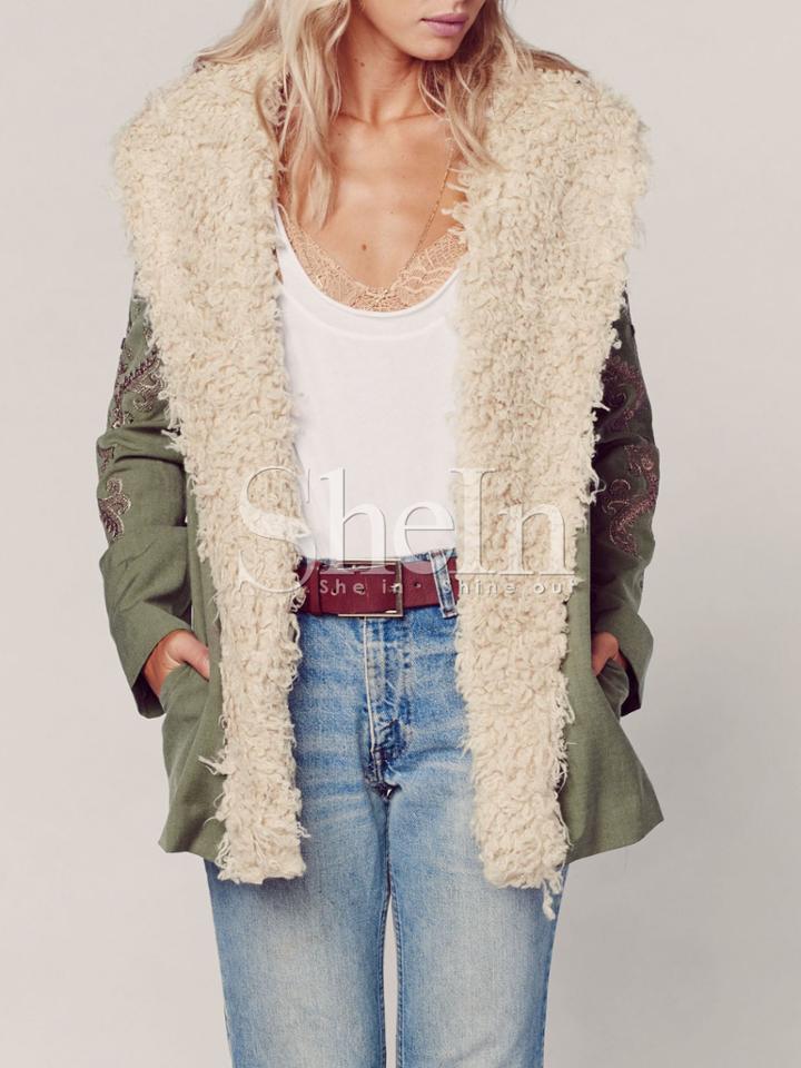 Shein Army Green Long Sleeve Embroidered Coat