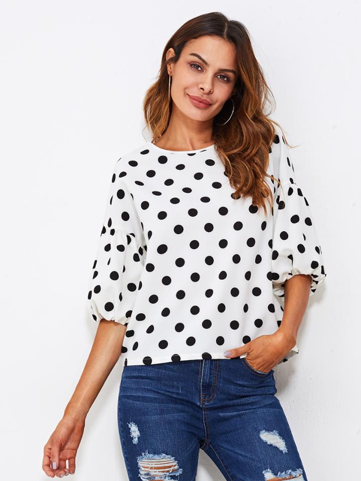 Shein Lantern Sleeve Keyhole Back Polka Dot Blouse