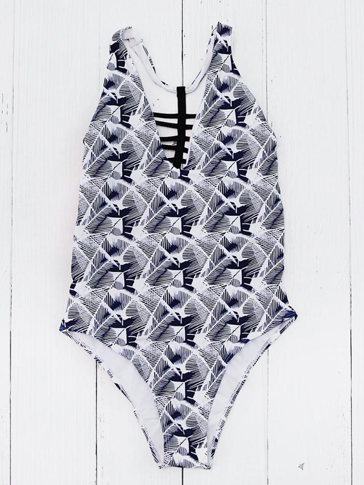 Shein Mixed Print Ladder Cutout Back One Piece Swimsuit