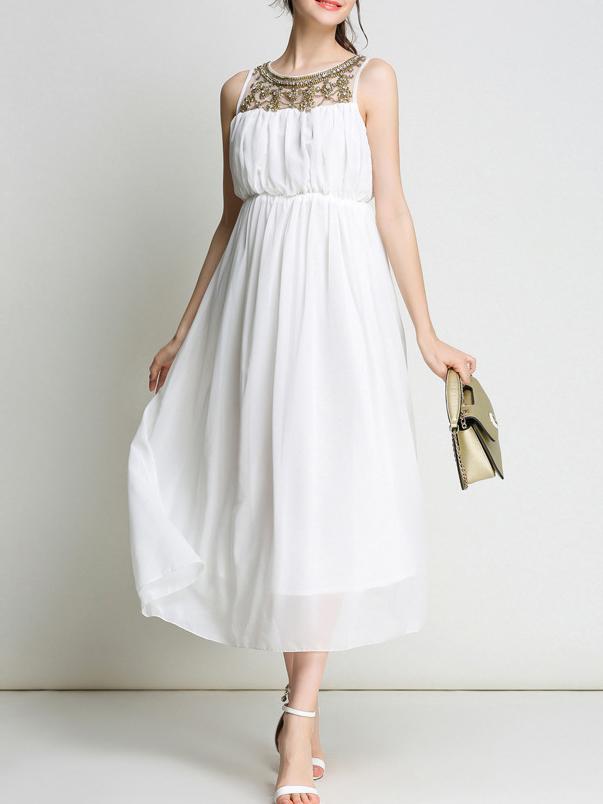 Shein Beading Sheer Elastic-waist Long Dress