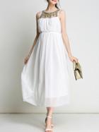Shein Beading Sheer Elastic-waist Long Dress