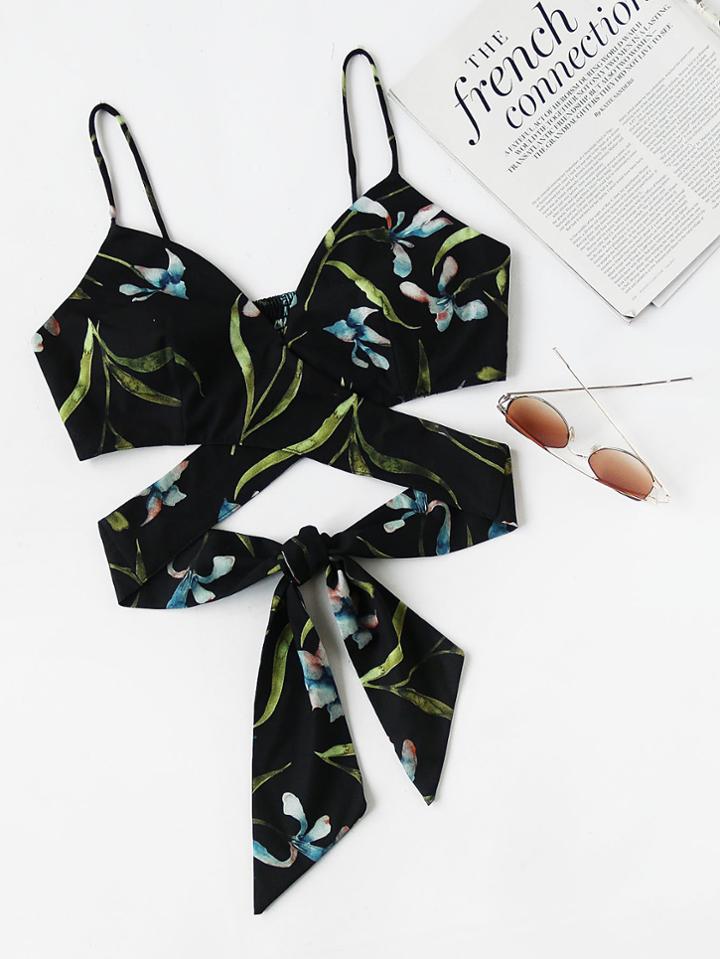 Shein Shirred Back Botanical Print Cross Wrap Cami Top