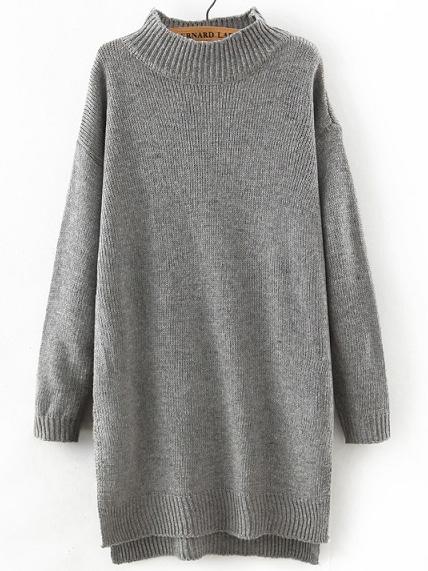 Shein Grey Mock Neck Dip Hem Loose Sweater Dress