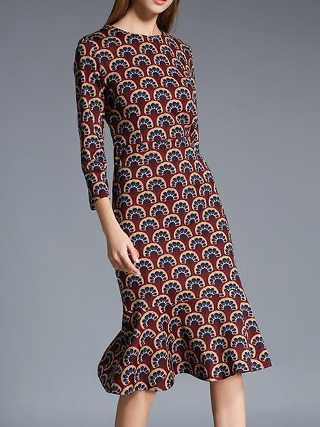 Shein Multicolor Crew Neck Print Frill Dress