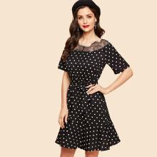 Shein Contrast Lace Zip Back Polka Dot Belted Dress