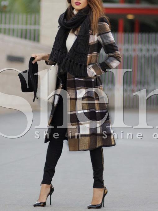 Shein Black Coffee Long Sleeve Plaid Coat