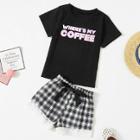 Shein Girls Letter Print Tee & Lace Hem Plaid Shorts Set