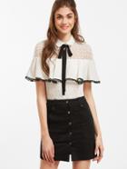 Shein Tie Neck Ruffle Trim Hollow Out Crochet Blouse