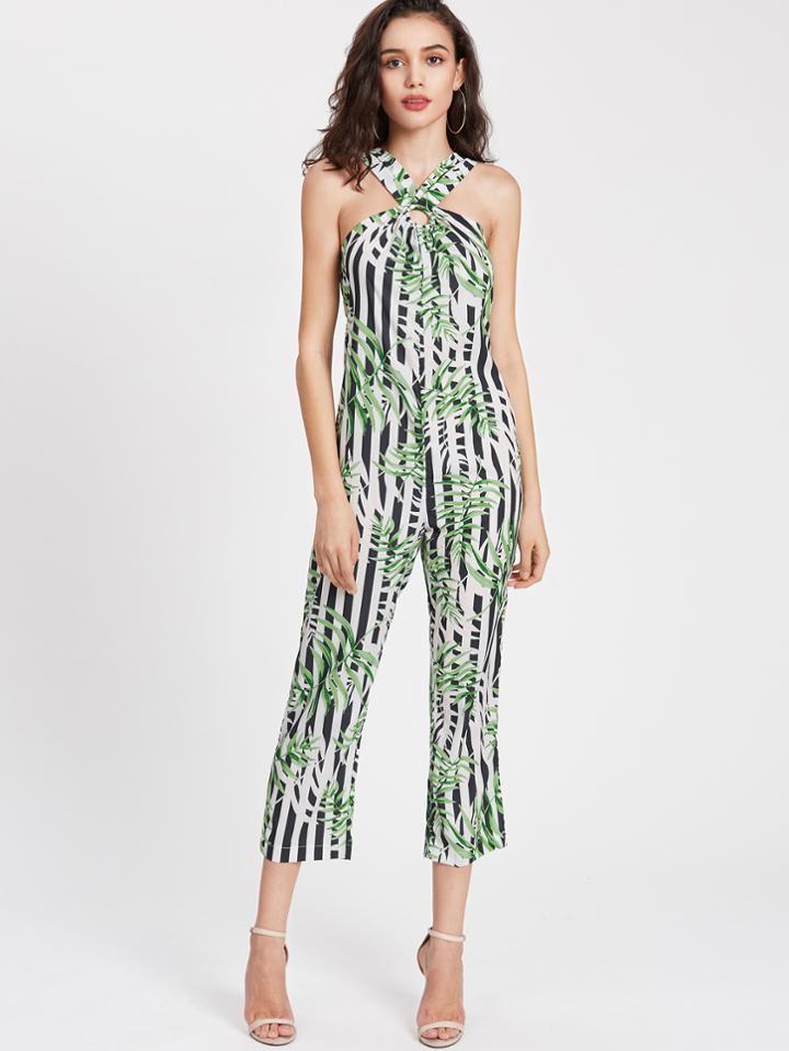 Shein Contrast Striped Open Back Jumpsuit