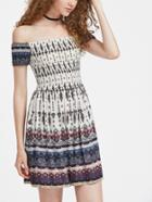 Shein Ornate Print Smocked Bodice Bardot Dress