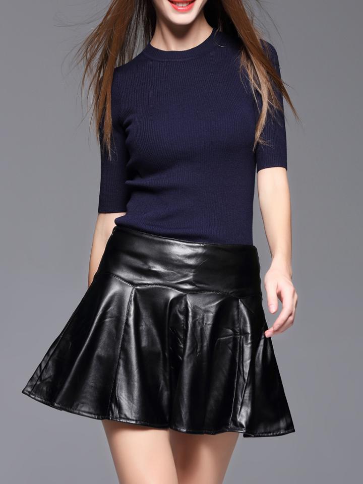 Shein Navy Knitwear Top With Pu Skirt