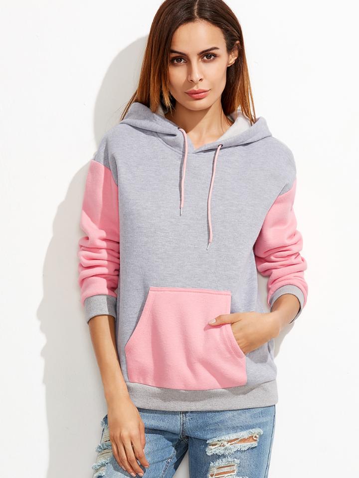 Shein Heather Grey Contrast Sleeve And Pocket Hoodie