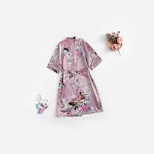 Shein Girls Peacock & Flower Print Self Tie Robe