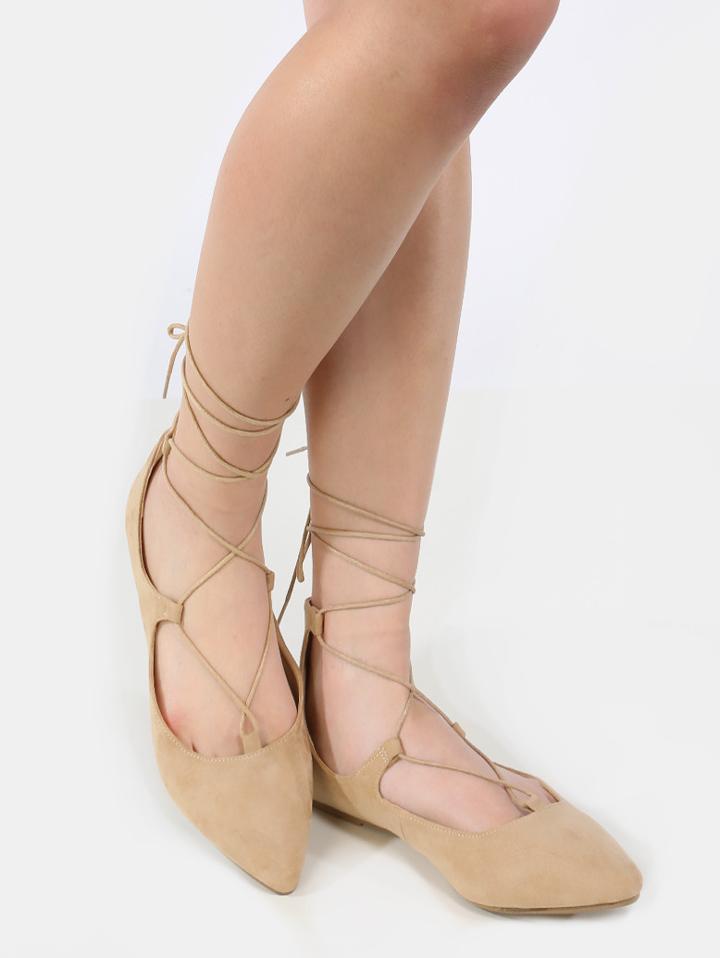 Shein Faux Suede Lace Up Flats Natural