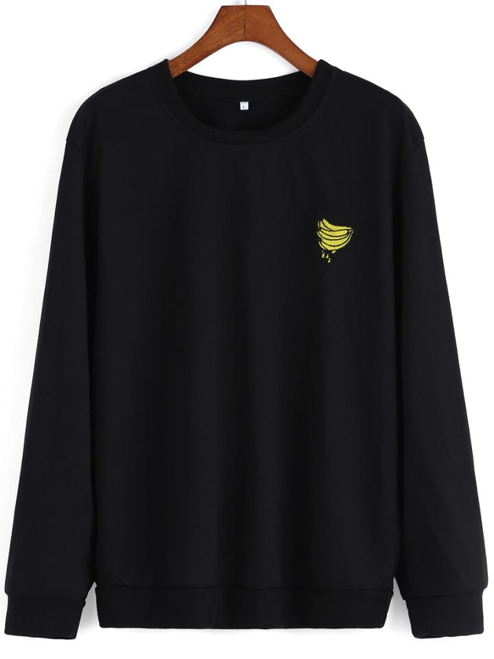 Shein Banana Embroidered Black Sweatshirt