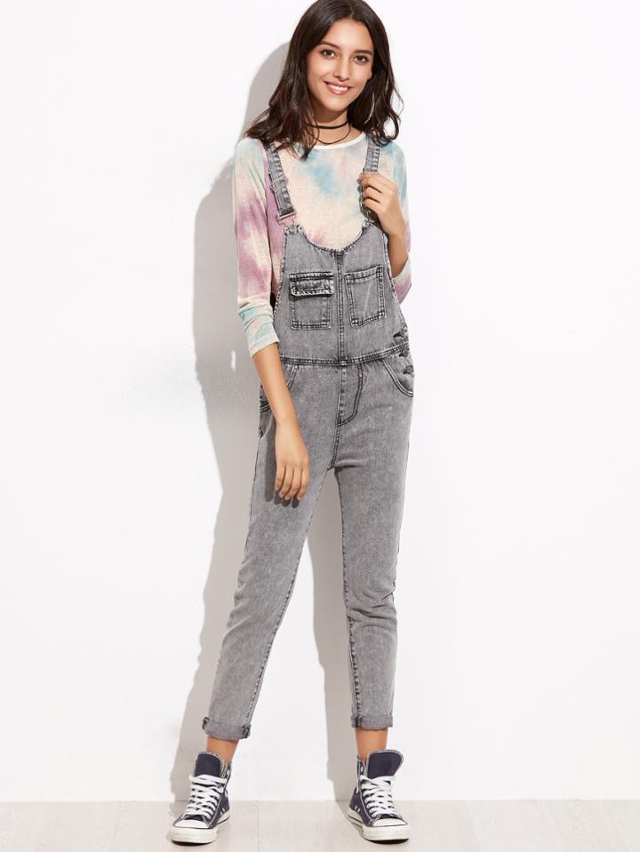 Shein Grey Straps Bleach Wash Pocket Overall Jeans