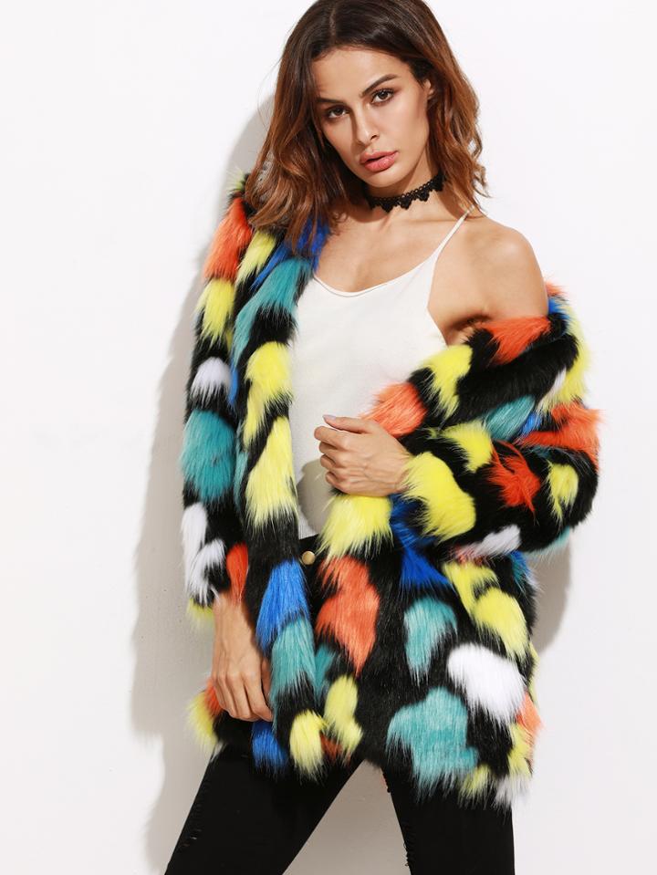 Shein Multicolor Collarless Faux Fur Coat